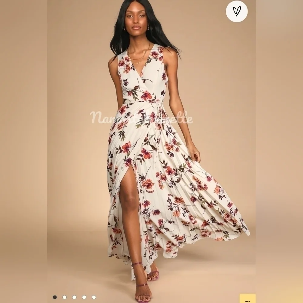 Nwt Lulu's Small Boho Ivory Multi Floral Print Pleated Wrap Maxi Dress - Picture 2 of 16
